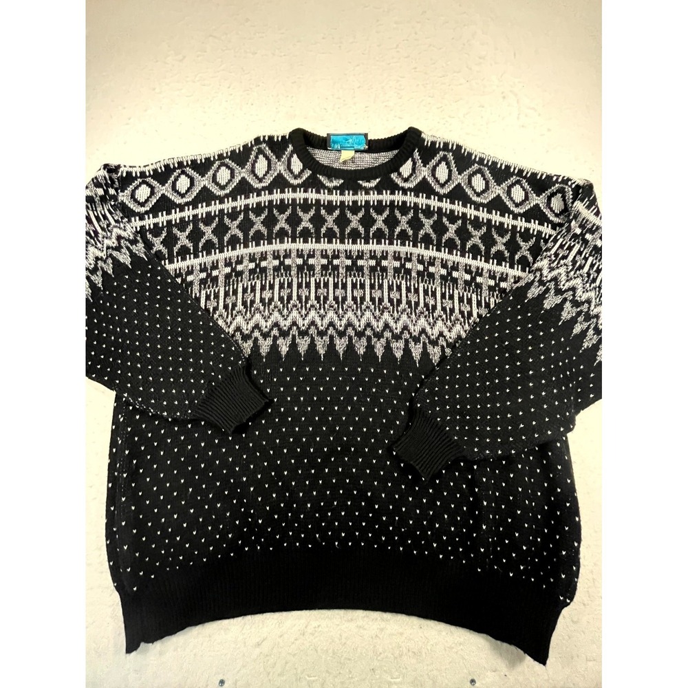 Vintage Bronzini Sweater Mens 2X Black White‎ Nordic Fair Isle Tight Knit Ribbed
